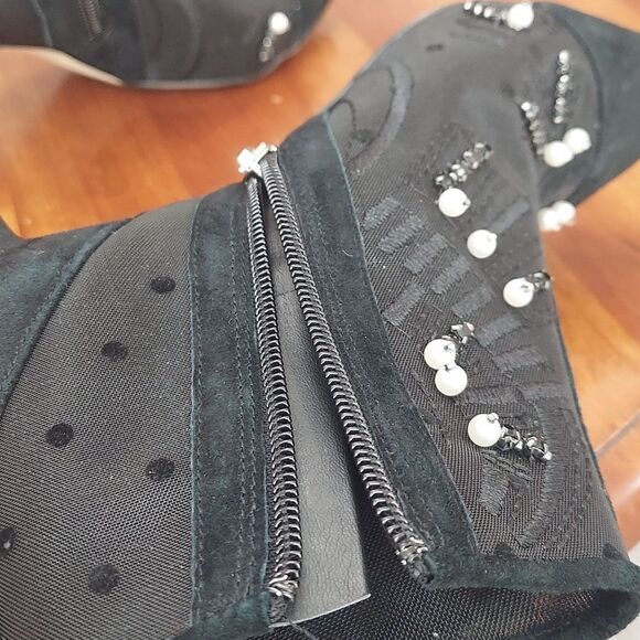Sam Edelman Kami Black Mesh/Suede Kitten Heel Bootie Pearl Stud Embellished Sz 7 - Picture 12 of 16